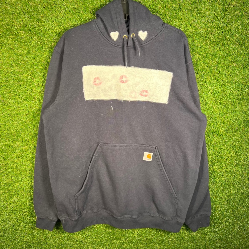 Carhartt Loose Fit Hoodie Navy Blue Custom Painted Kiss Hearts Mens Large L